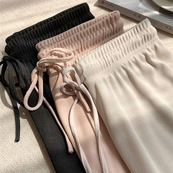 

soft comfort high waist casual summer pants women ice silk anklelength long trousers female slacks 220813, Black;white