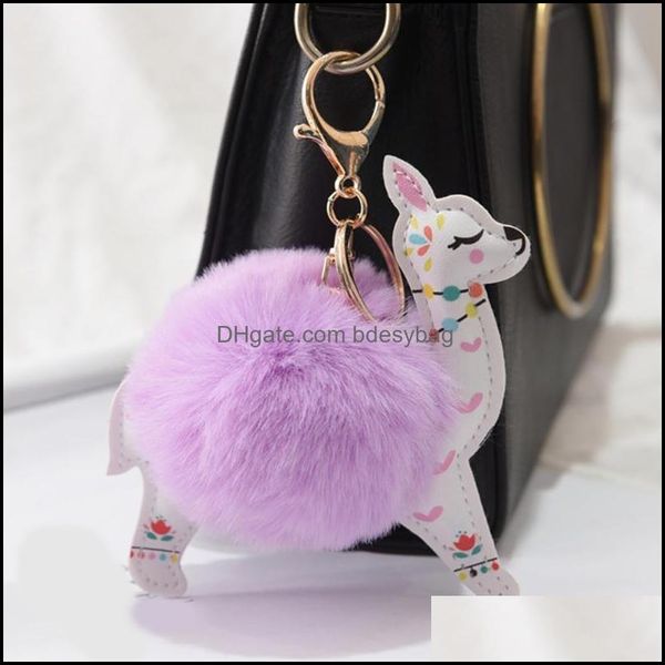 

keychains fashion accessories artificial fur pompom keychain fluffy ball cute alpaca leather animal keyring charm chaveiros dh4qk, Silver