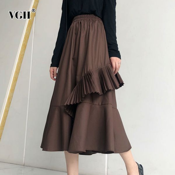 

solid patchwork ruffle skirt for women high waist ruched midi casual skirts female fashionable clothing spring 210507, Black