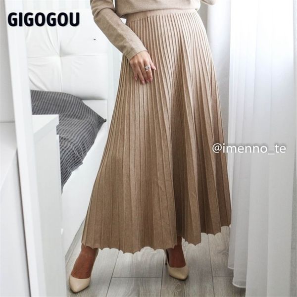 

gigogou long women knitted a line skirts autumn winter elastic high waist pleated skirt highstreet midi femme 220317, Black