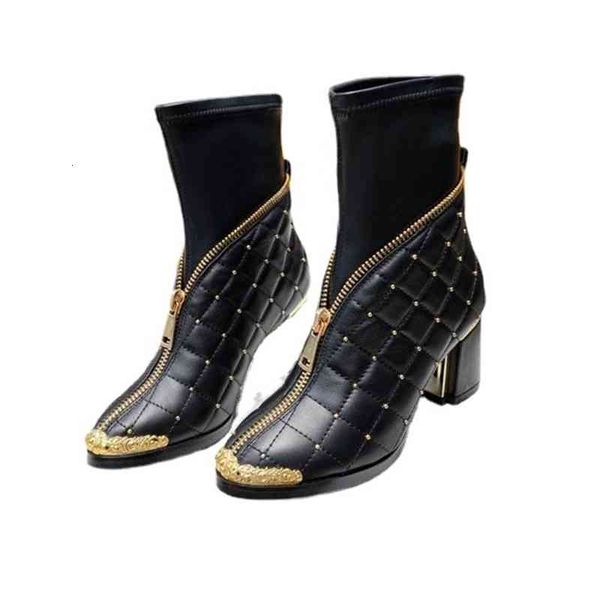 

boots autumn and winter versatile elastic thin boots fashion thick high heels rivets rhombic lattice front zipper short women's, Black