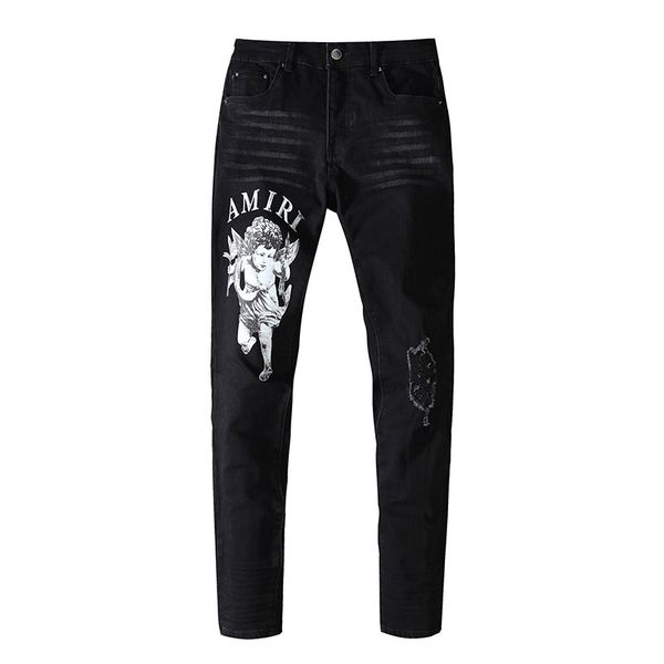 

men wash water hole small printed stretch jeans for men and women cultivate one's morality joker high street 22415ss, Blue