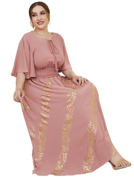 

plus golden floral print tie front frill trim shirred waist dress j1v4#, Black