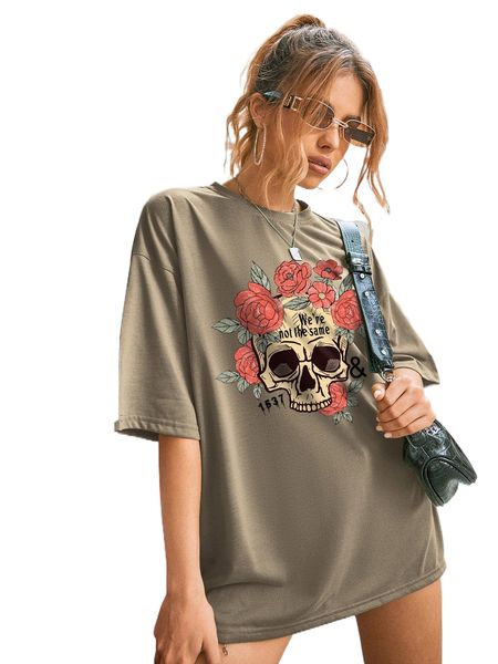 

floral and skull print drop shoulder tee z9cw#, White