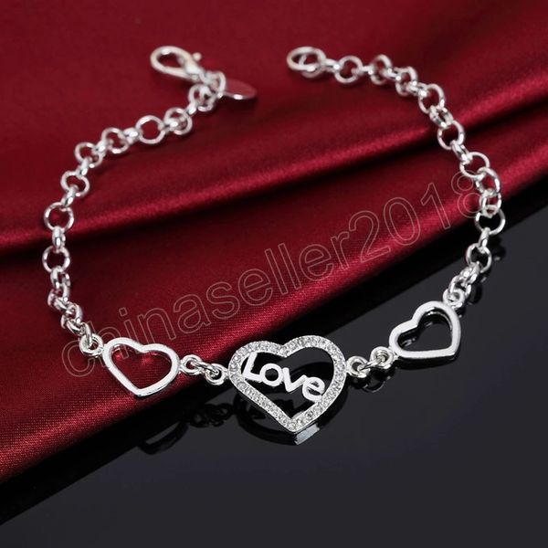 

925 sterling silver heart to heart aaa zircon bracelet for women wedding engagement party fashion jewelry, Golden;silver