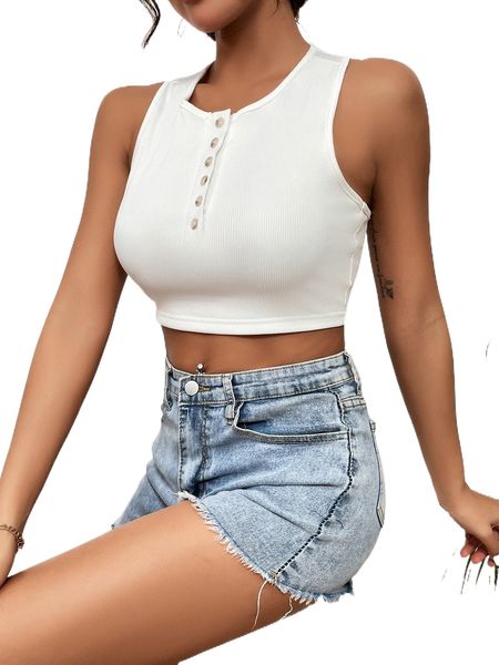

half button placket rib knit crop tank s0i7#, White