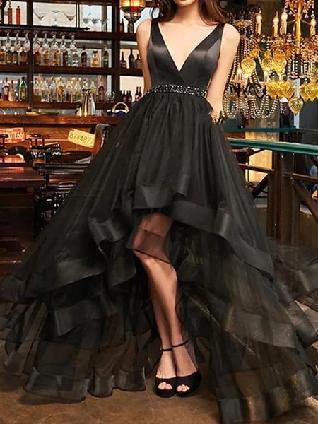 High Low Schwarz Prom Kleider V-ausschnitt Ärmellose Asymmetrische Tüll Perlen Schärpe Formale Party Kleid s2022 Vestidos De Novia nach Maß