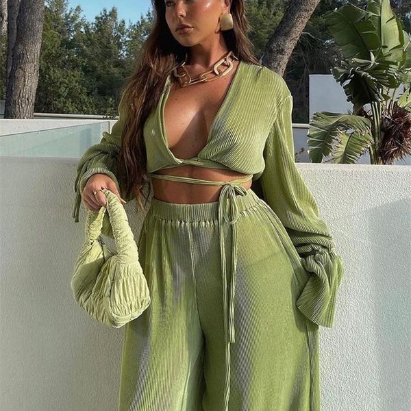 

clacive green pants set women casual loose bandage blouses shirt matching wide leg trousers suit elegant 2 piece pant 220326, White