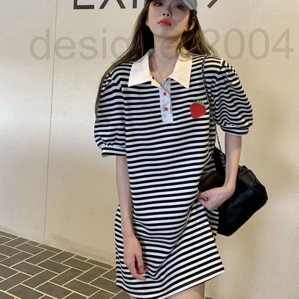 

casual dresses designer polo collar striped dress women's spring and summer 2022 new strawberry embroidery knitted girl bubble short sl, Black;gray