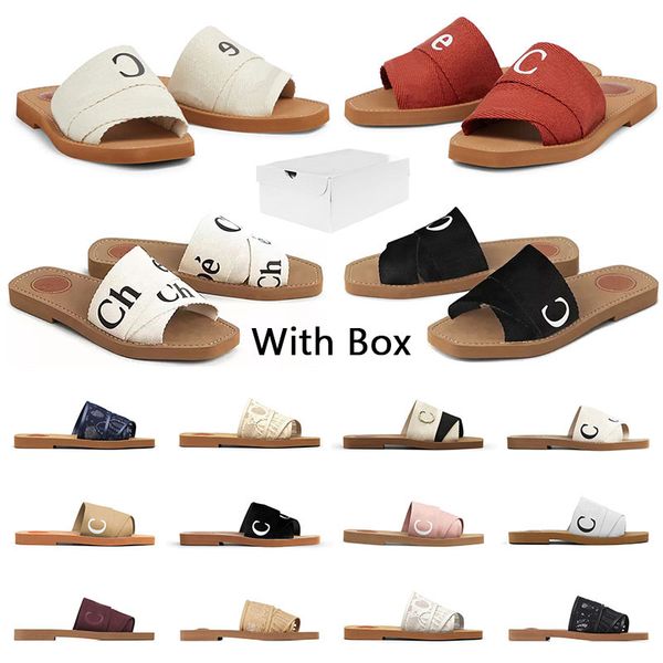 

with box slipper fashion flat sandales designer women femmes luxe slippers woody mules canvas sandal slides summer woman sandals flip flop s, Black