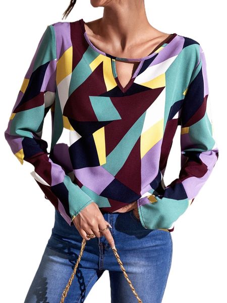 

geo print keyhole neck blouse z7nm#, White