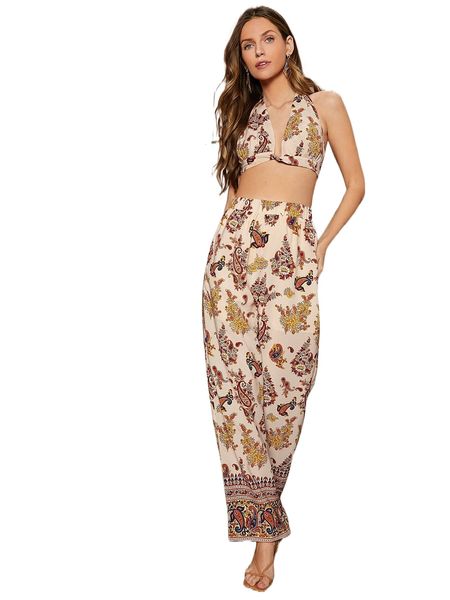 

tie backless paisley print crop halter & wide leg pants m3pc#, White