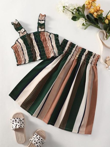 

little girl's pleated striped suspender and skirt she, White