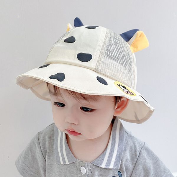 Baby Mesh Eimer Hut Sommer Nette Cartoon Kühe Horn Neugeborenen UV Schutz Kappe Outdoor Strand Kinder Baby Junge Mädchen Sonne kappen