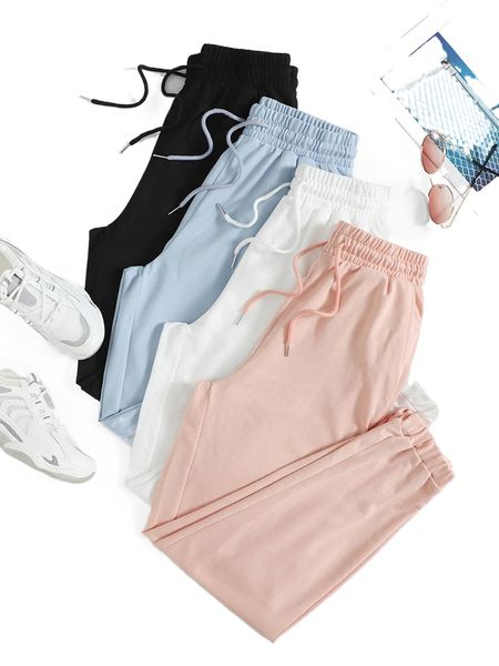 

4pcs solid drawstring waist sweatpants 50jc#, Black;white