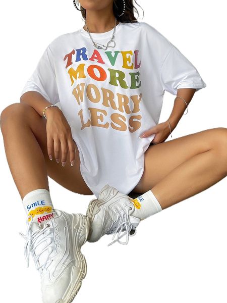 

slogan graphic drop shoulder tee 37va#, White