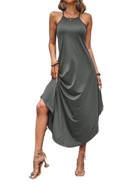 

solid asymmetrical hem halter dress z0qv#, Black;gray