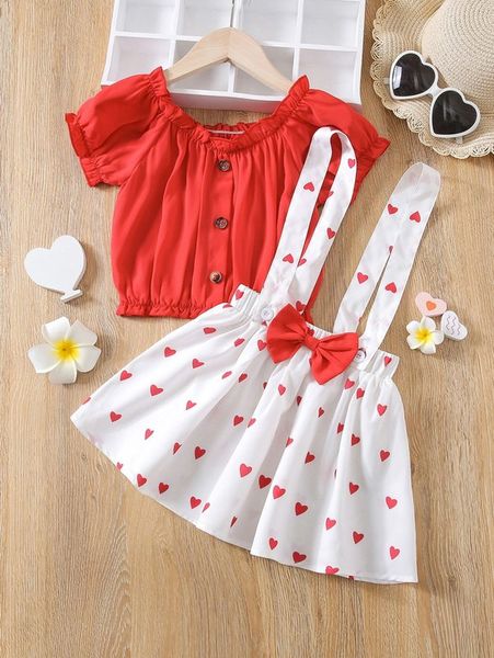 

toddler girls frill trim & heart print bow front suspender skirt she, White