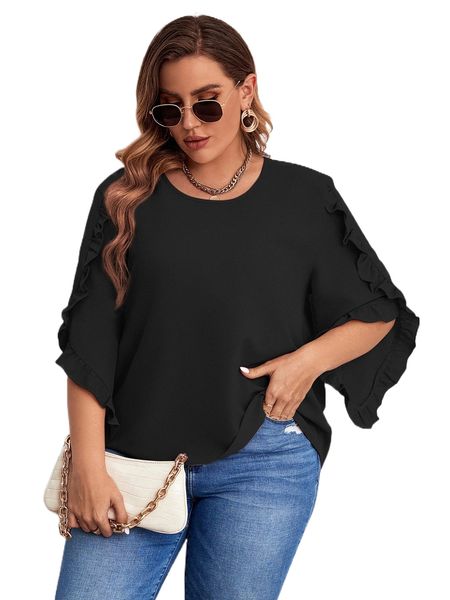 

plus ruffle trim petal sleeve blouse l4km#, Black