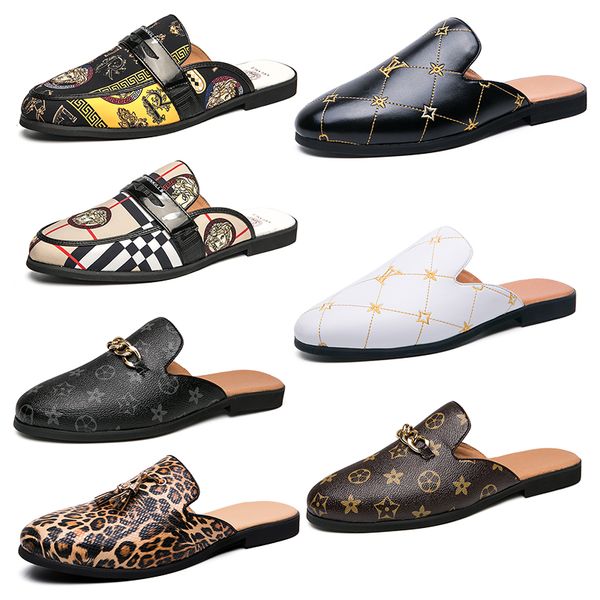 

luxury brand mens designer horsebit metal buckle grid pattern slippers genuine leather mules black white flip flops men casual lazy shoes bi