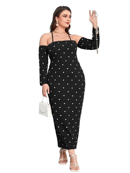 

plus halter off shoulder crisscross polka dot slit hem dress o2sz#, Black