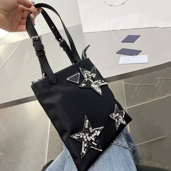 

designer 22ss summer women rhinestones nylon pochette totes bags handbag chain shouder crossbody shopping bag luxurys designers messenger la, Red;black