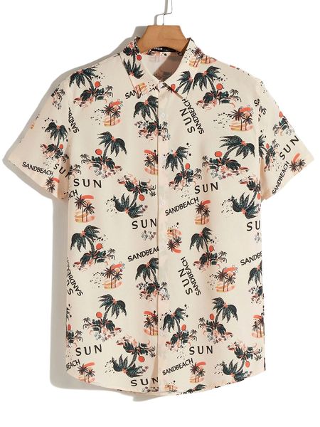 

men letter & tropical print button front shirt r9pc#, White;black