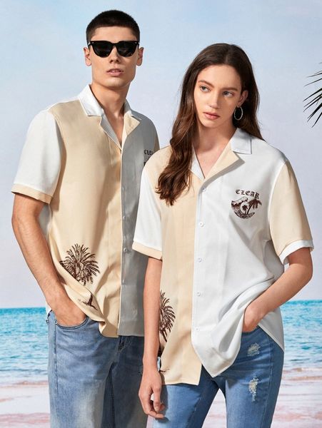 

1pc palm tree & letter graphic colorblock shirt z10i#, White;black