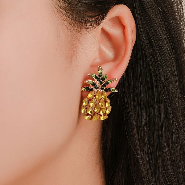

women pineapple shape stud earrings hollow out ellipse diamond earring stud female alloy fruit ear ring europe party gift wearing accessorie, Golden;silver