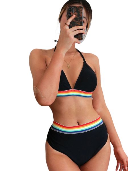 

rainbow tape halter bikini swimsuit y3wh#, White;black