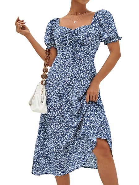 

ditsy floral print drawstring front puff sleeve dress z2h0#, Black;gray