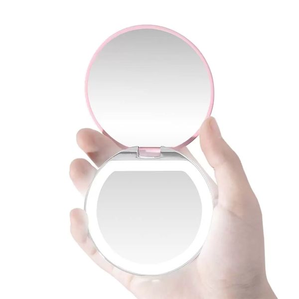 LED-Licht-Mini-Make-up-Spiegel, kompakter Taschen-Gesichts-Lippen-Kosmetikspiegel, Reise-tragbarer Beleuchtungsspiegel, 3-fache Vergrößerung, faltbar