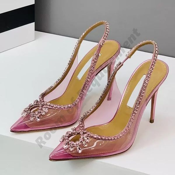 2022 Sedução Gatsby PVC Vestido Sapatos Aquazzura Abacaxi 9cm Pontudo Avestruz Bowknot Cristal Diamante Sandália Bombas Alto Salto Lantejoulas Stilettos Mulheres Shoe10