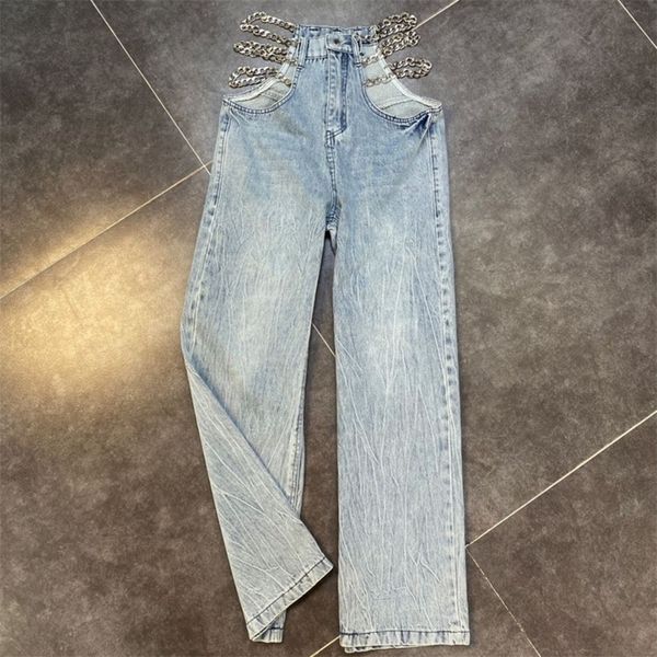 

deat new summer fashion casual high waist chain straight hollow out long denim pants women lj200810, Blue