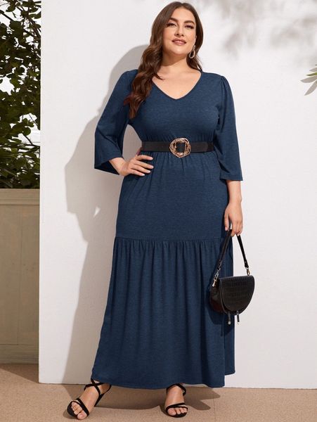 

plus v-neck flounce hem dress without belt y1tb#, Black