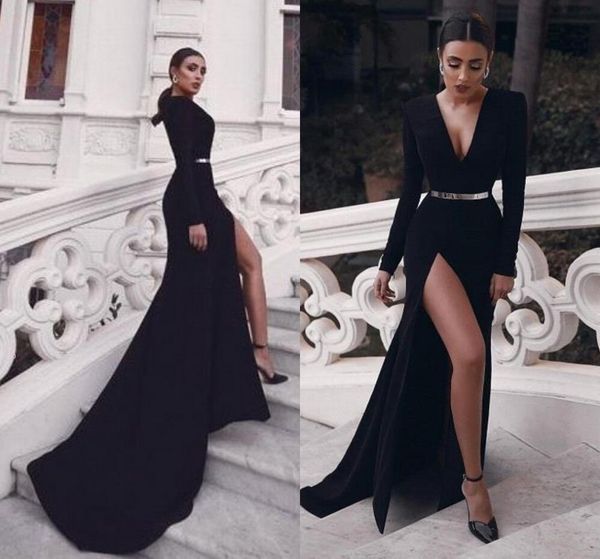 HEISS! Sexy High-Thigh-Split-Schwarz-Abendkleider mit langen Ärmeln und V-Ausschnitt für Frauen, formelle Anlässe, Met Gala, Promi-Kleidung