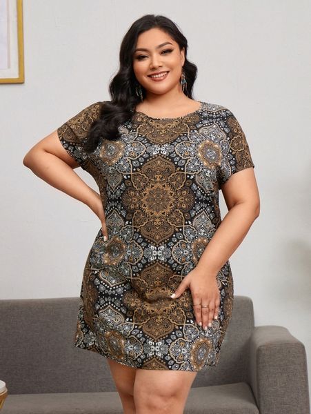 

emery rose plus allover print tunic dress 581l#, Black