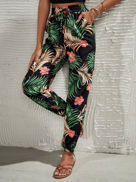 

high waist tropical print knot front tapered pants 76r3#, Black;white