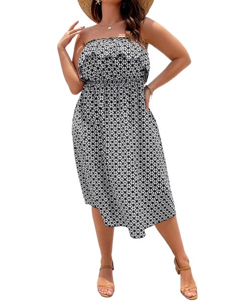 

plus allover floral print ruffle trim tube dress g7rj#, Black