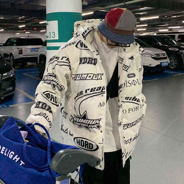 

print down fluorescence jackets for men winter fashion trends warm clothing teens loose fit bubble coat casual puffer streetwear t220802, Black