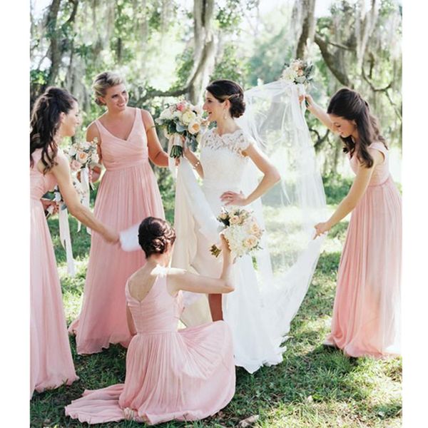 

robe demoiselle d'honneur elegant v neck a line bridesmaid dresses 2022 pink chiffon prom dress wedding party gown, White;pink