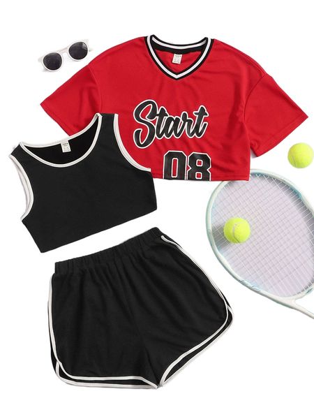 

letter graphic drop shoulder crop tee & contrast binding shorts j9gh#, White