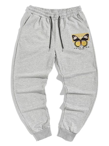 

men butterfly and slogan graphic drawstring waist sweatpants o5i2#, Black