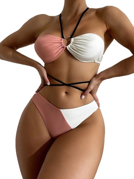

colorblock halter bikini swimsuit t2s4#, White;black