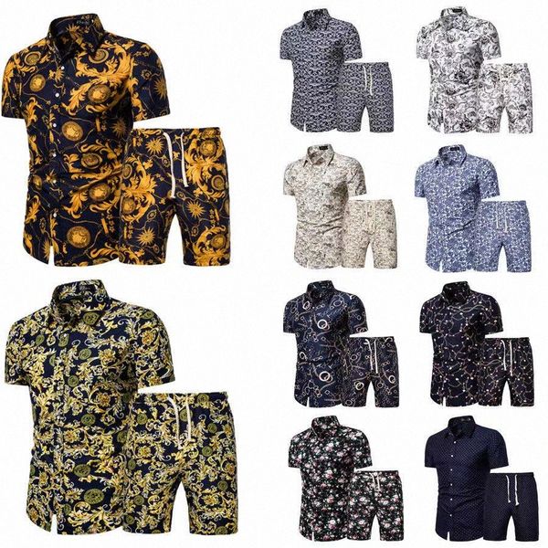 

men summer slim shirt shirts+shorts set new casual printed hawaiian shirt homme short male printing dress suit sets plus size 95rp#, White;black