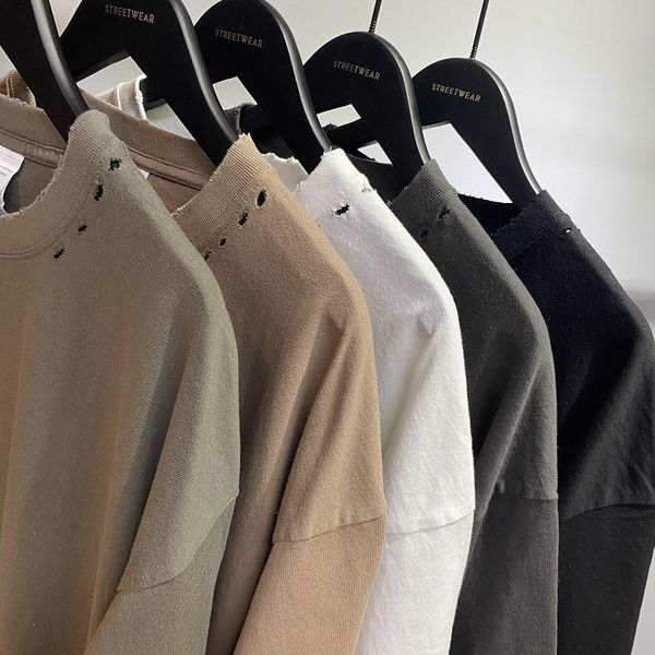 

summer men hip hop oversize tees dot hole ripped solid color short sleeve o-neck collar aa, White;black