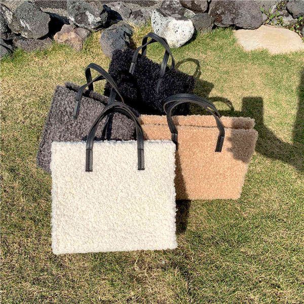 

women's tote bags plush shoulder bags girls shopper purses winter fashion casual solid color imitation lamb's wool handbags 220509
