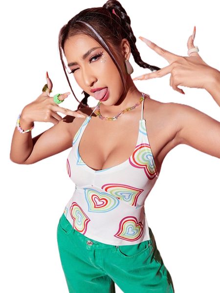 

heart print backless knot halter c1cb#, White