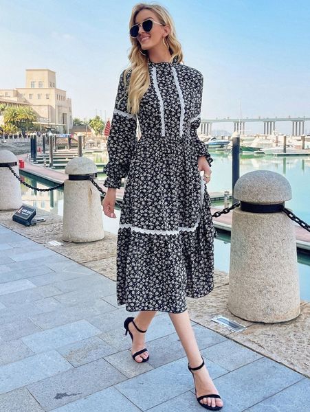 

ditsy floral guipure lace detail flounce sleeve ruffle hem dress s66c#, Black;gray