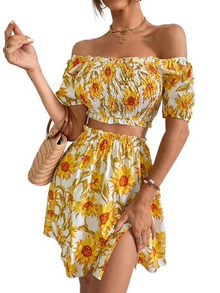 

floral shirred bardot with skirt m8xe#, White